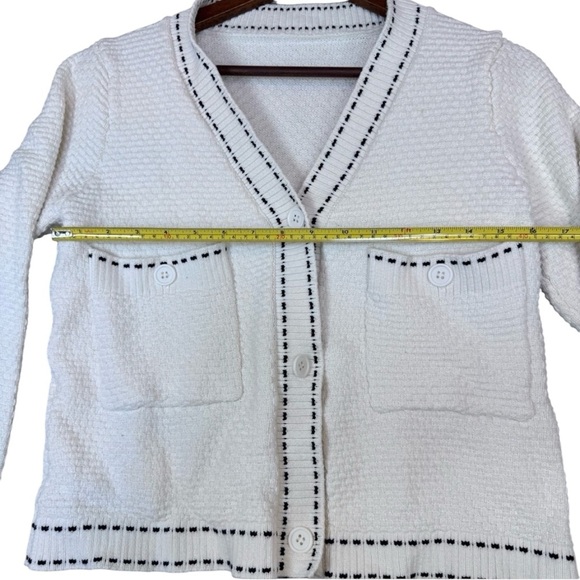 Textured White with Black Stitching Detail, V-Neck Button Up Woman’s Sweater - Picture 8 of 11